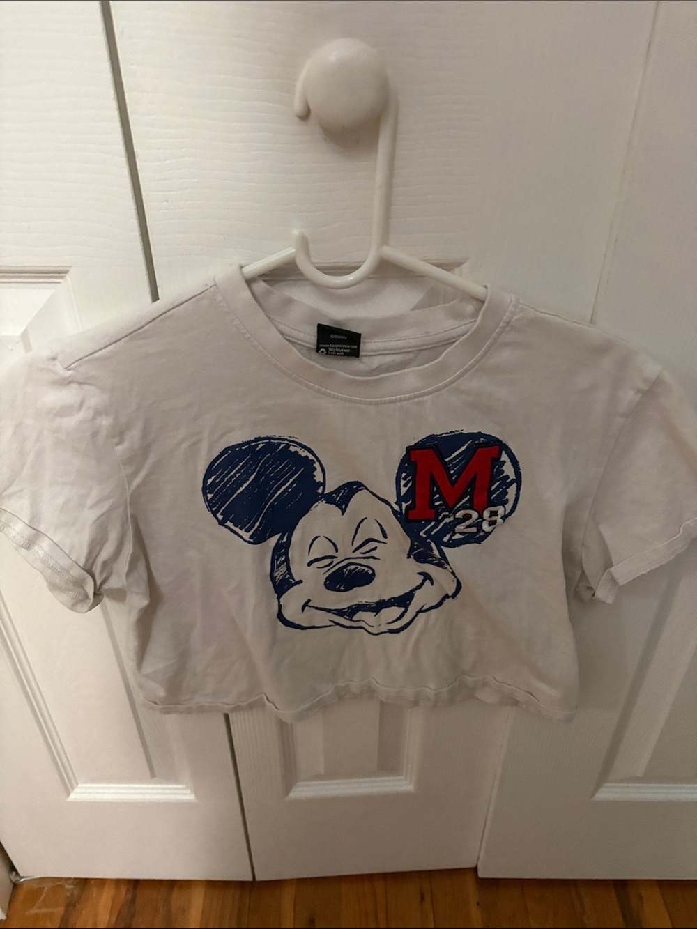 Disney White Crop Tee with Blue Mickey Graphic and Red 'M' Accent